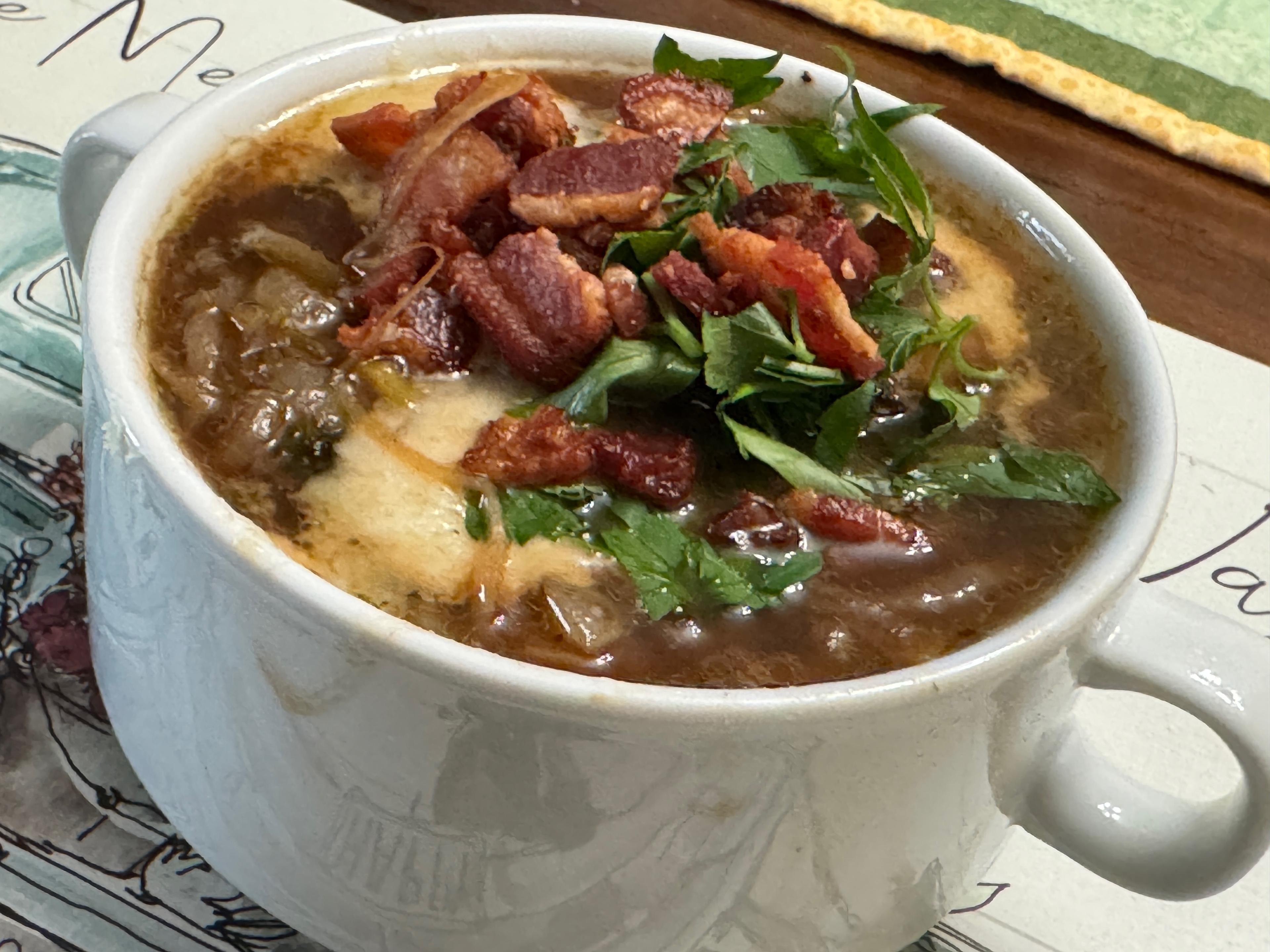 French Onion soup with bacon