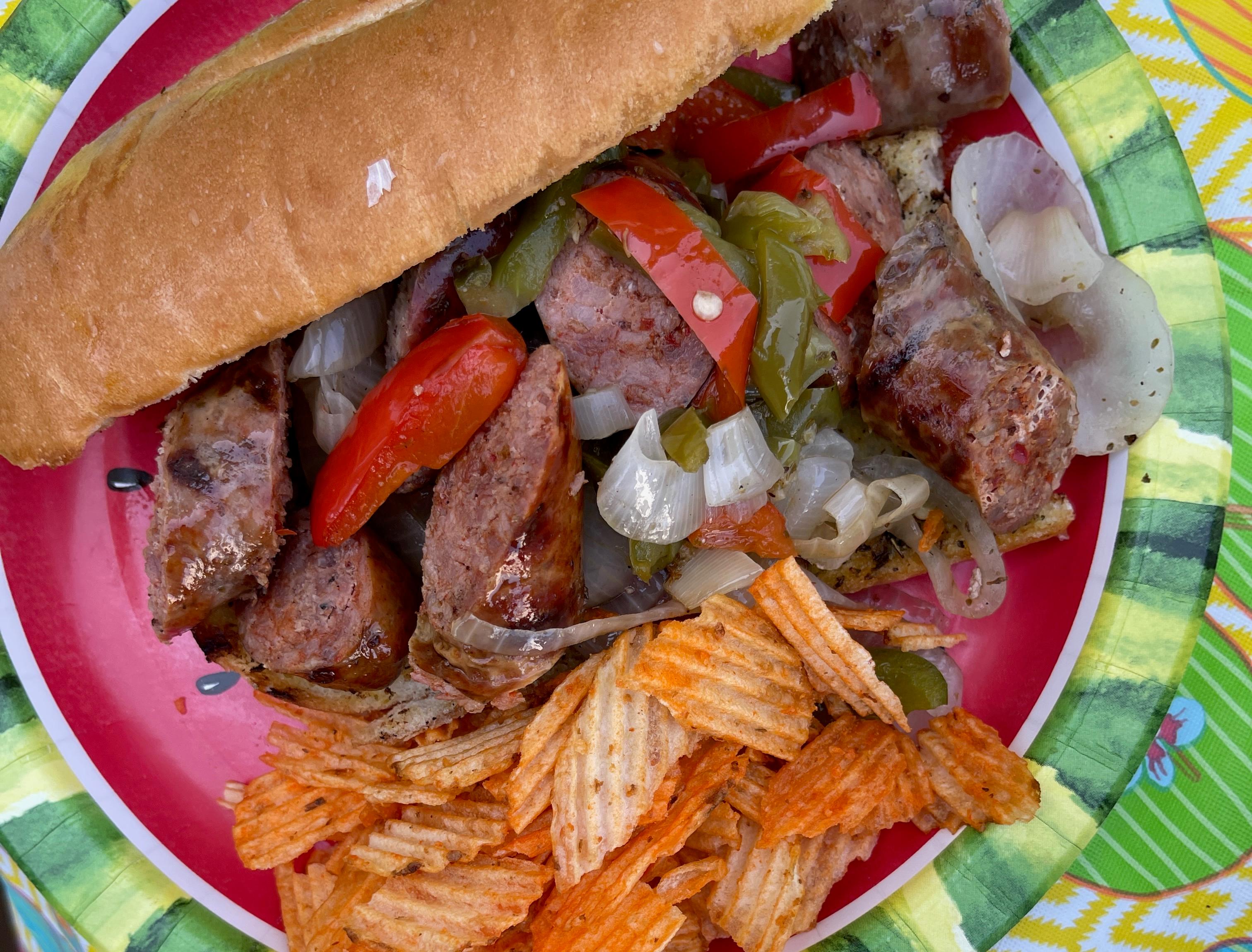 sausage and peppers on the BBQ